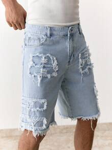 SWAVVY 男士休闲水洗做旧牛仔短裤，夏季 - 藍色 - 查看 4