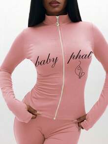 BABYPHAT Plus Size Pink Long Sleeve Zip Up Hoodie With Text Print And Thumbhole Details For Casual Everyday Comfort - Pink - View 5
