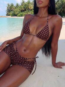 Vaytide 夏季新款海滩度假派对下午茶波点印花微三角高衩侧系褶皱三件套女士泳衣套装 波点比基尼泳衣 两件套女士泳装套装 星形比基尼波点泳衣 波点比基尼女士泳装套装 - 咖啡棕 - 查看 2