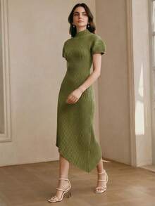Anewsta 女士橄榄绿针织连衣裙，短袖休闲连衣裙，适合度假、工作、通勤；抹茶绿特别款不对称下摆高领针织连衣裙；女士春夏绿色连衣裙 - 綠色 - 查看 7