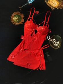 Seduluxe 2pcs Classic Lace Deep V Mesh Patchwork High Slit Underwire Push Up Hollow Spaghetti Strap Sexy Dress Set For Women Red Dresses For Women Party Club - Red - View 6