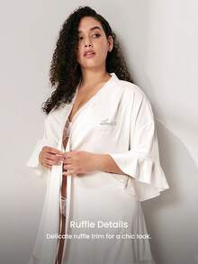 LUVLETTE Plus Size Women's Summer Luxe Satin Robe - Flowy Ruffled Design & Shimmering Rhinestones Luxe Silky Summer Nightwear Wedding Items Bride Pajamas - White - View 10