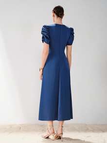 Aveloria Modichic Đầm dài kiểu Pháp thanh lịch cổ điển, chất liệu satin crepe, cổ chữ V, ôm eo gợi cảm, tay cánh hoa xếp ly, thiết kế cao cấp, thích hợp cho các buổi tiệc trang trọng. - Xanh đậm - Xem 4