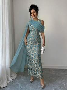 Elenzga 女士热销金色提花面料收腰长裙，搭配优雅雪纺披肩，适合春夏各种场合，如派对、约会、购物等。 - 藍色 - 查看 6