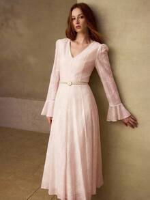 MOTF PREMIUM ELEGANT JACQUARD FABRIC MID-LENGTH DRESS FOR WOMEN TEA PARTY PINK AUTUMN - Baby Pink - View 4