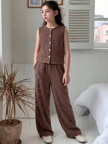 Hapijoa Tween Girl Solid Color Front Button Sleeveless Lightweight Top And Pants Set, Summer - Brown - View 3