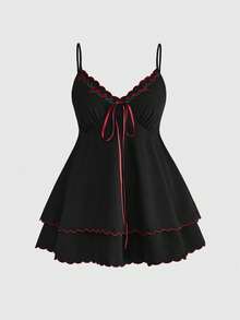 Sweetness Plus Size Women's Boudoir Style Floral Embroidered Contrast Ruffle Deep V-Neck Cinched Waist Babydoll Mini Fairycore Dress Date Night Black Summer - Black - View 1