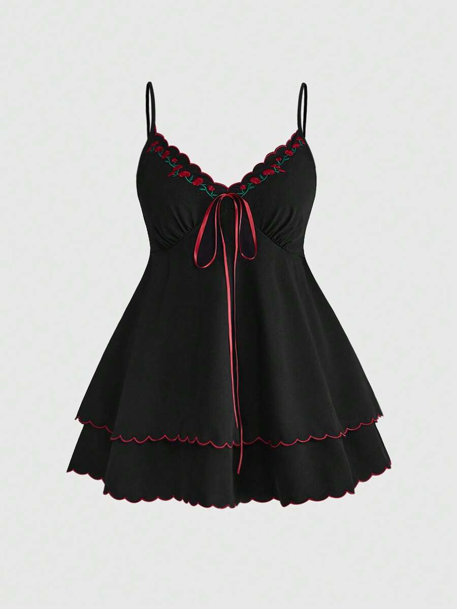 Sweetness Plus Size Women's Boudoir Style Floral Embroidered Contrast Ruffle Deep V-Neck Cinched Waist Babydoll Mini Fairycore Dress Date Night Black Summer - Black - View 1