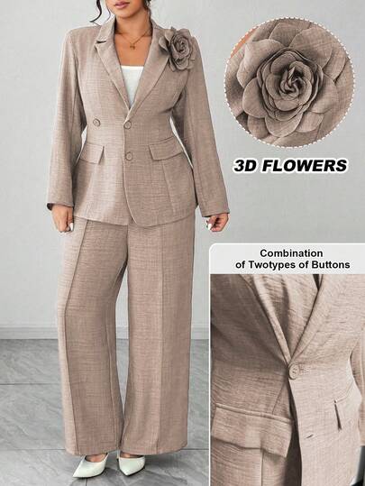 Elenzga Women's Plus Size Elegant Blazer With Floral Decor And Wide Leg Pants Suit