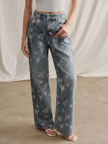 Anewsta Women's Casual Butterfly Embroidered Loose Slimming Slant Pocket Jeans - Blue - View 6