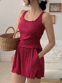 DAZY 2pcs Women Ditsy Floral Knit Comfy Pajama Set - Burgundy - View 3