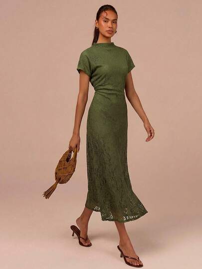 COSMINA Đầm ren màu nâu, đầm tay ngắn, thiết kế thắt eo, đầm ren dành cho nữ, thích hợp cho hẹn hò và mặc hàng ngày, mùa hè.