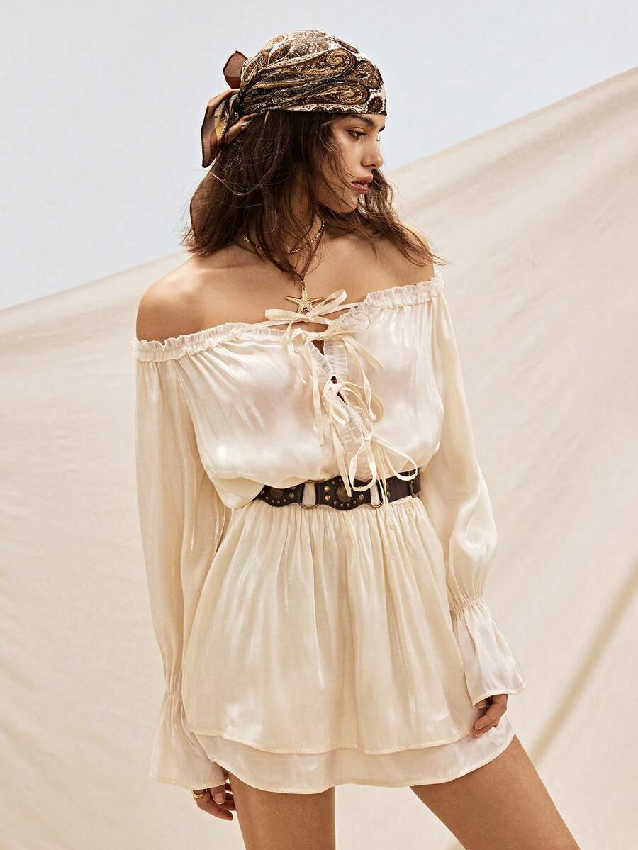 Easelle Bohemian Music Festival Off-Shoulder Ruffle A-Line Romantic Dress For Women - Apricot - View 1