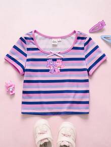 SHEIN X Care Bears Young Girl Striped Short Sleeve T-Shirt With Bow Decor, - Multicolor - View 1