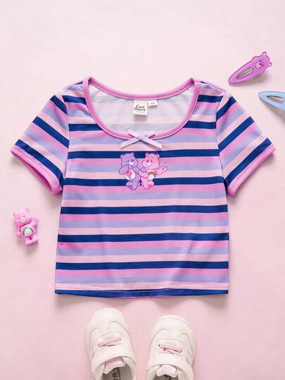 SHEIN X Care Bears Camiseta de manga corta a rayas con decoración de lazo para niña