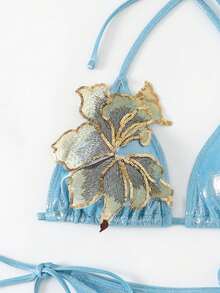 SHEIN Swim 3件套夏季新款亮片刺绣花卉三角比基尼聚拢泳衣女款 - 藍色 - 查看 4