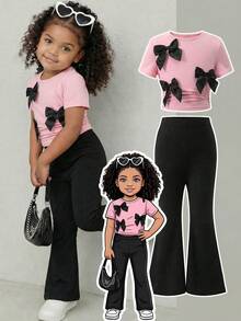 2pcs/Set Young Girl Cute Bow Decor Pink T-Shirt And Black Flared Pants Set Young Girl Outfit Sets Young Girl Outfits Sets Pants Tween Girls Clothing Bow Outfit Kid Girl Clothes Set Children Fashion Girlset Suitable For Daily Wear, Spring & Summer Outfits Suitable For Summer, Street Style, Casual Campus Sports, Outdoor Picnic, Street Photography, Home Girls Flared Pants Sets Young Girls Outfit Sets Girls 2 Piece Trouser Set - Pink - View 12