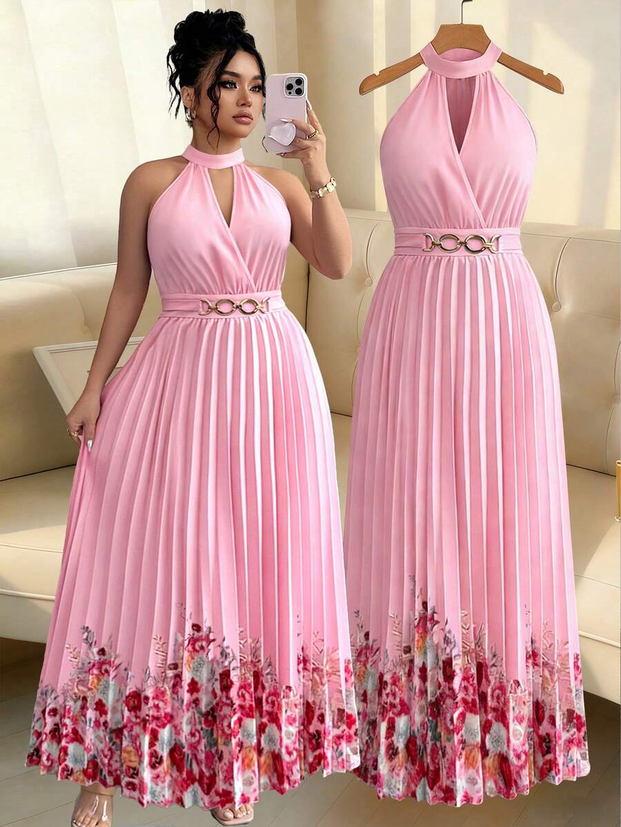 SHEIN Elenzya 大码梭织印花优雅夏季女式连衣裙 - 粉色 - 查看 1