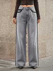 SHEIN LUNE Women's Loose Fit Straight Leg Casual Jeans With Pockets, Versatile - Grey - View 3