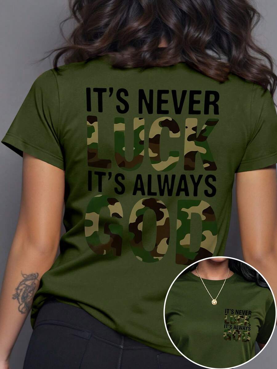 Maweii 大码女式休闲日常字母印花短袖T恤 - 軍綠色 - 查看 1