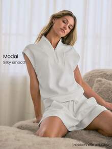 GLOWMODE Áo nỉ tay ngắn SoftSerene Modal Easy Does It mềm mại, mượt mà, thoáng khí, có khóa kéo nửa thân, thích hợp mặc hàng ngày. - trắng - Xem 1