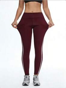 Eassivo Eassivo 撞色条纹高腰无缝打底裤 - 酒紅色 - 查看 4