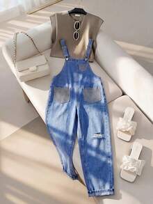 GlowEve Women's Rhinestone Pocket Casual Denim Bib Overall Jumpsuit - Blue - View 3