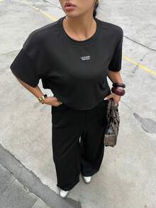 Muchica Plus Size Summer Casual T-Shirt And Pants 2 Pieces Set - Black - View 4