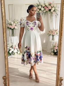 SHEIN Lady 大码女式碎花V领泡泡袖短袖优雅中长连衣裙，度假必备。春季女装，优雅碎花连衣裙，优雅夏日连衣裙，碎花连衣裙，优雅女装，优雅碎花中长连衣裙，女士优雅连衣裙。 - 彩色 - 查看 2