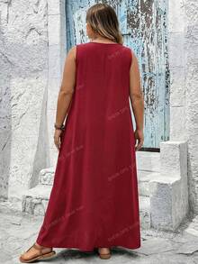 SHEIN CURVE+ Đầm nữ dáng ôm US22, màu trơn, cổ tròn, không tay, kiểu dáng thường ngày, có túi, thích hợp cho lễ hội âm nhạc, kỳ nghỉ bên bờ biển, phong cách Bohemia. - Màu Đỏ Sâu - Xem 2
