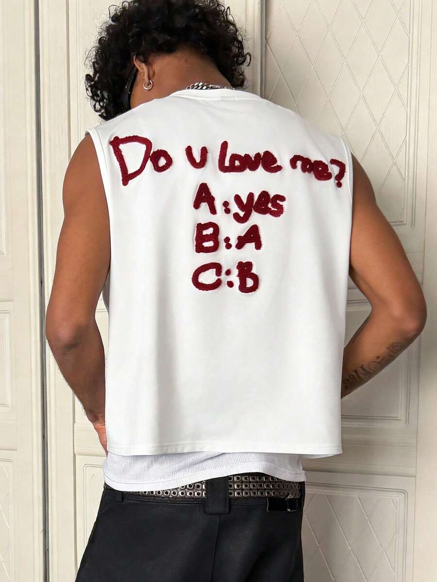 PAVTROS Men's Personalized Comfortable Embroidered Vest Sleeveless Top With Text Mens Sleeveless Shirts Graphic Tank Top Sleeveless Tops White Tank Tops Mens Tank Tops Summer Tops - White - View 1