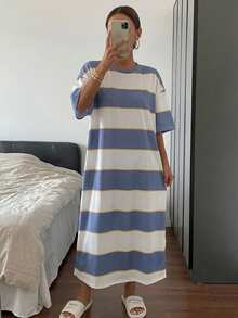 DAZY Casual Wide Striped Loose Short Sleeve Homewear Dress, Moo Moo Pajama - Blue - View 2