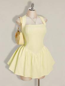 SHEIN ICON 大码女式黄色系带露背吊带连衣裙 - 黃色 - 查看 6
