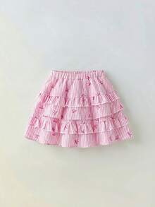 SHEIN Bộ đồ bé gái truyền thống màu hồng in họa tiết retro gồm áo hai dây lửng có thể điều chỉnh và chân váy mini xếp tầng in họa tiết retro, thời trang retro, phù hợp mặc ngoài trời, ở nhà, đi học, đi nghỉ mát, phong cách boho, đa năng. - Hồng - Xem 8