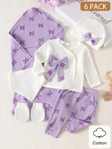 SHEIN 新生儿甜美风礼盒套装，包含带可爱蝴蝶结的上衣、帽子、裤子、袜子和毯子，全套少女风蝴蝶结设计 - 紫色 - 查看 1