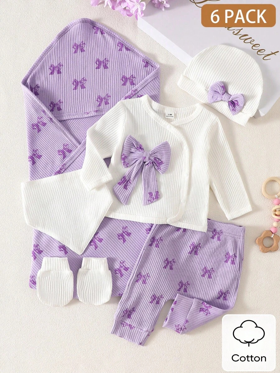 SHEIN 新生儿甜美风礼盒套装，包含带可爱蝴蝶结的上衣、帽子、裤子、袜子和毯子，全套少女风蝴蝶结设计 - 紫色 - 查看 1