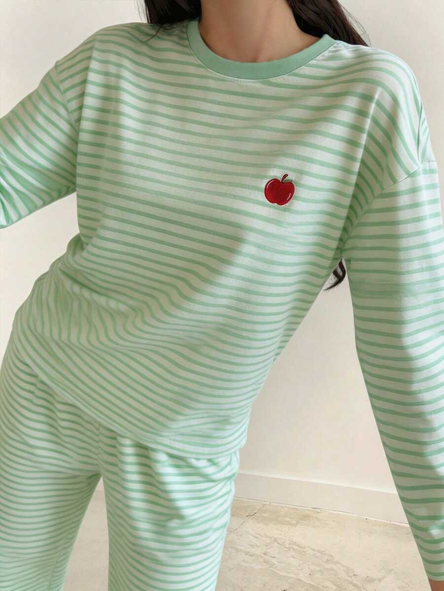 DAZY 2pcs Women Spring Striped Cute Apple Decor Loose Pajama Set, Fall Winter Clothes - Green - View 1