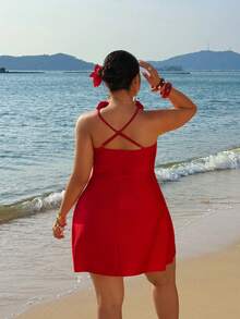 Sunnyshic Plus Size Women's Red Summer Satin Mini Dress,3D Rose Decor Open Back Ruched Bodycon Cocktail Party,Beach Rave Holiday,Formal Dress - Red - View 5