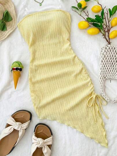 SHEIN Đầm màu vàng trơn ôm sát, kiểu dáng giản dị tối giản, thoải mái, eo thắt, vạt bất đối xứng dành cho bé gái tuổi teen.