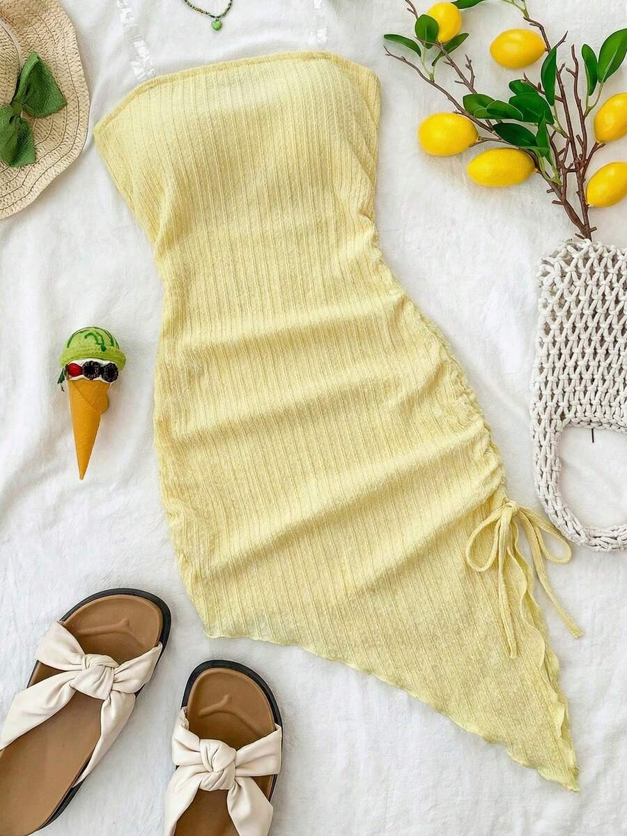 SHEIN Đầm màu vàng trơn ôm sát, kiểu dáng giản dị tối giản, thoải mái, eo thắt, vạt bất đối xứng dành cho bé gái tuổi teen. - Màu vàng - Xem 1