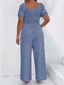 SHEIN Clasi Plus Size Ditsy Floral Square Neck Short Sleeve Jumpsuit - Blue - View 2