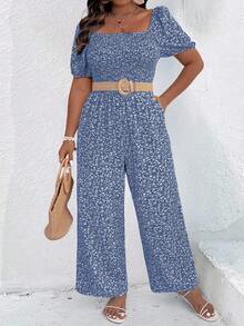SHEIN Clasi Plus Size Ditsy Floral Square Neck Short Sleeve Jumpsuit - Blue - View 4