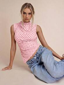 SHEIN BAE Áo tank top không tay cổ đứng chấm bi thời trang nữ, thích hợp mùa hè. - Màu Hồng baby - Xem 6