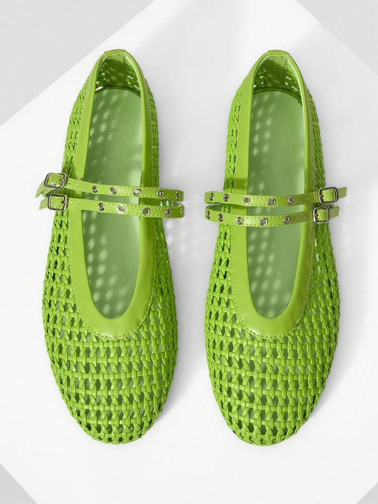 LADIES LIGHT GREEN FLAT BOTTOM HOLLOW WOVEN HORIZONTAL STRAP BUCKLE MARY JANE SHOES SIMPLE AND ELEGANT VACATION DAILY COMMUTER COLLEGE