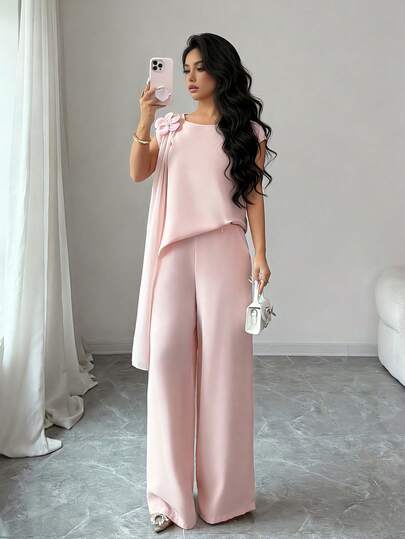 Rafferiza 优雅宽松无袖圆领3D立体花卉雪纺蝴蝶结装饰上衣和阔腿裤女士春夏两件套，杏色