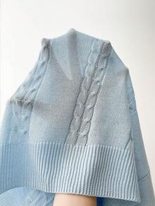 SHEIN Franclia Áo len nữ màu xanh dương, dáng rộng, cổ polo, tay ngắn, cài nửa khuy, kiểu dệt cáp, thích hợp cho mùa xuân/hè. - Màu xanh lam - Xem 3