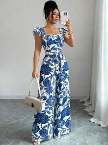 Elenzga Bộ jumpsuit nữ thời trang mới cổ vuông tay bèo in hình quả dứa, kiểu dáng thường ngày, thích hợp cho kỳ nghỉ hè. - Xanh và trắng - Xem 3