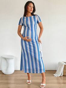 SHEIN 夏季孕妇休闲条纹短袖连衣裙 - 藍白色 - 查看 7