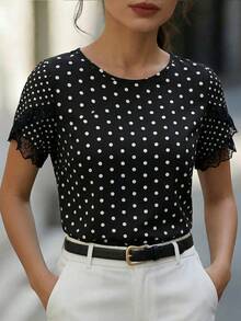 Editum 女士箔片荷叶边短袖衬衫，情人节 - 黑與白 - 查看 9