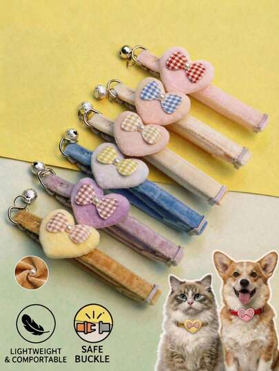 PETSIN 1-Piece Set Of Soft Pet Collars, Adjustable And Lightweight With Cute Cartoon Heart-Shaped Bow Decoration Bell Pendant, Comfortable Pet Collars For Small And Medium-Sized Dogs And Cats For Daily Wear, Outdoor Walks, Holiday Parties, Home Pet Accessories, Easy To Wear Pet Collars, Cute Pet Collars